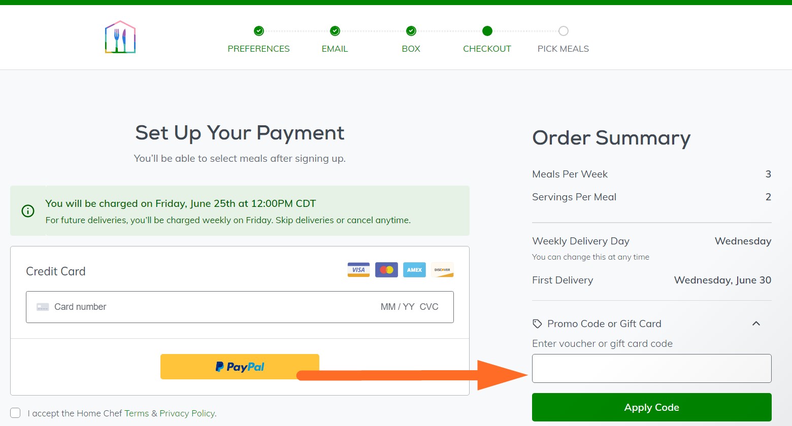 home chef coupon code input
