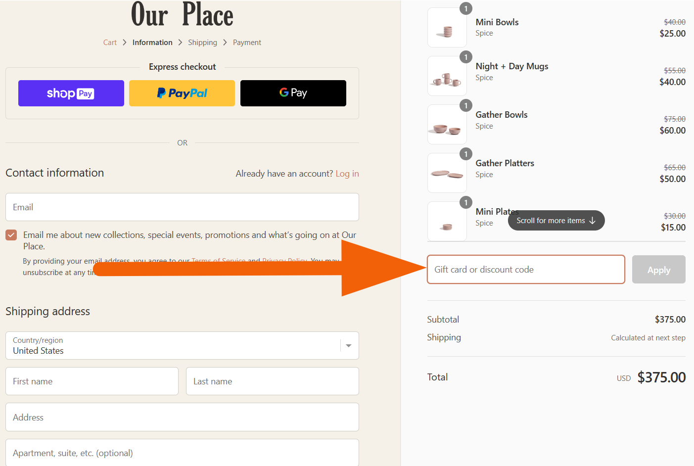 our place coupon code